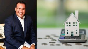 Mortgage expert John Picinic providing home loan guidance with calculator and house model representing real estate financing