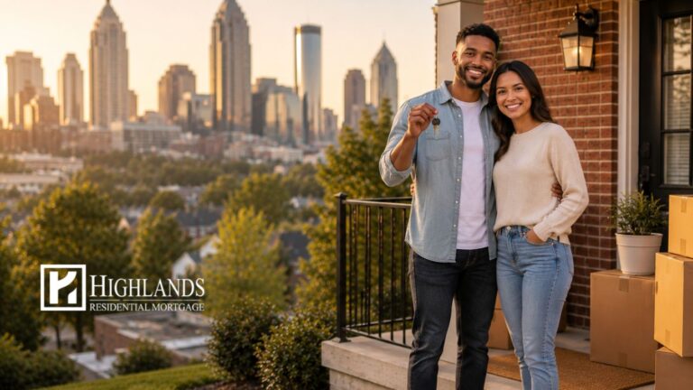 Georgia mortgage new homeowners holding keys with Atlanta skyline view