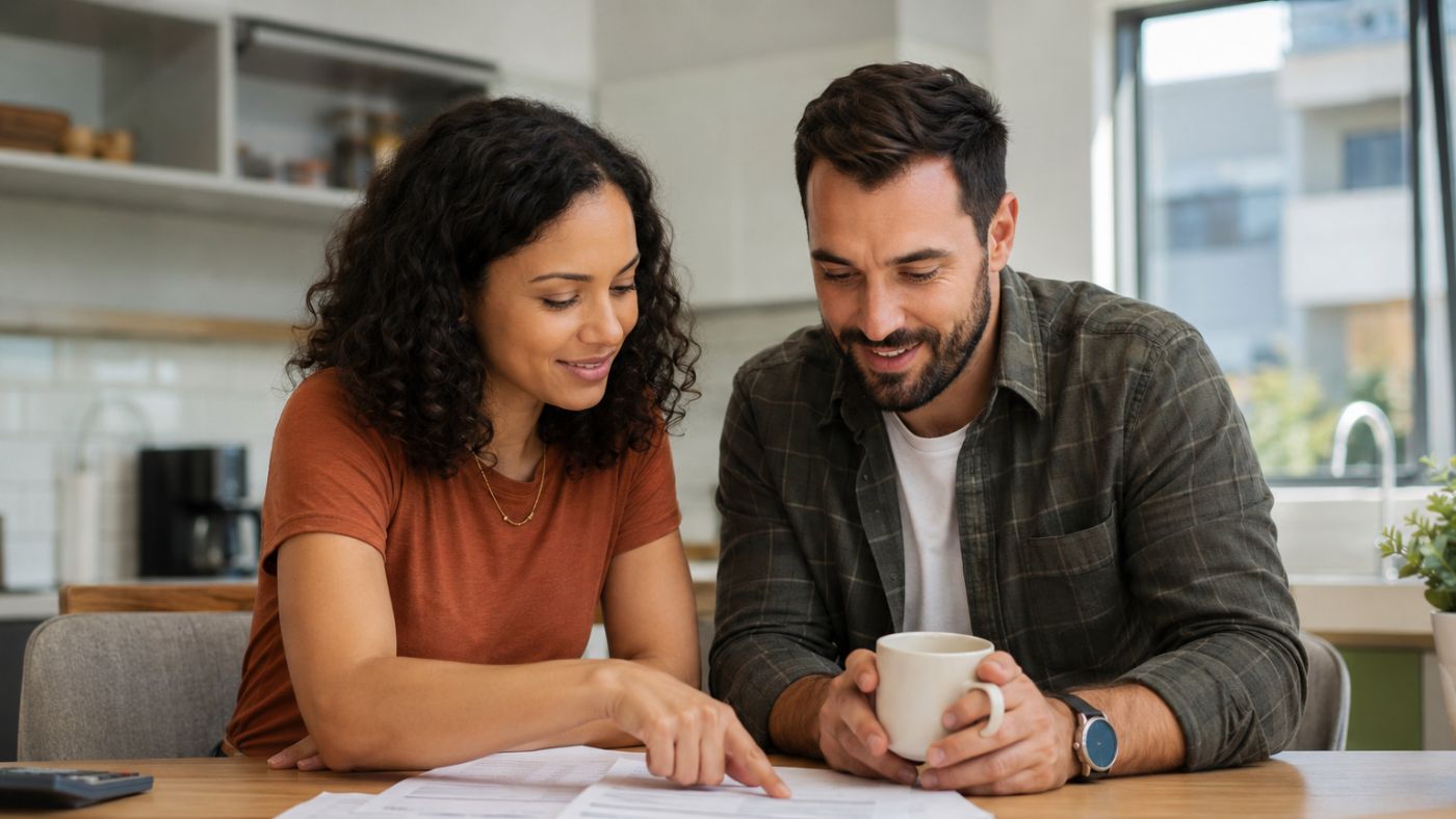ARM vs fixed-rate mortgage couple reviewing home loan paperwork together at kitchen table