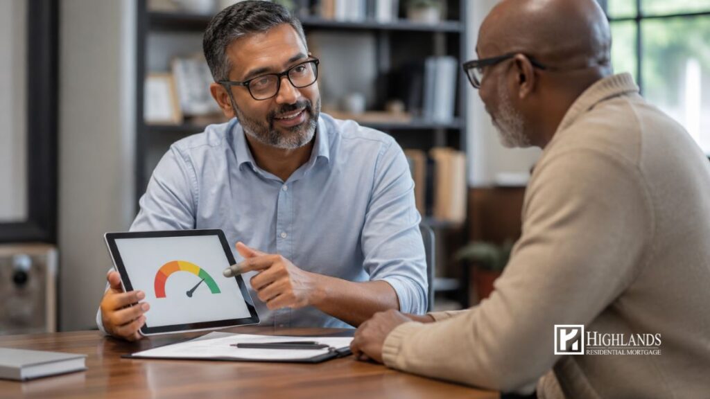 Credit score requirements by loan type — advisor showing client credit score gauge