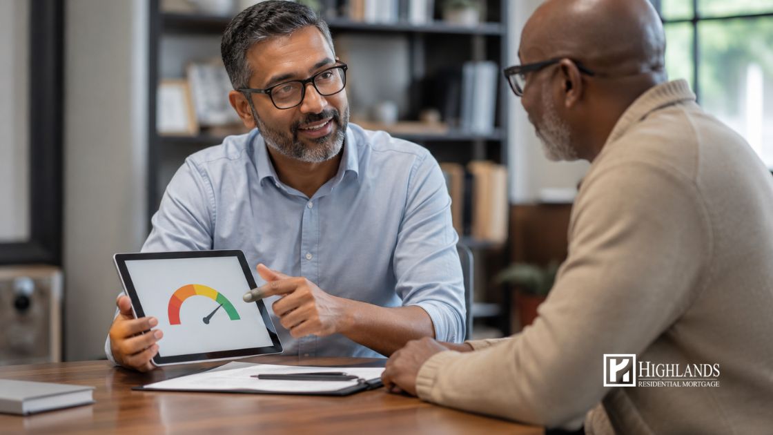 Credit score requirements by loan type — advisor showing client credit score gauge