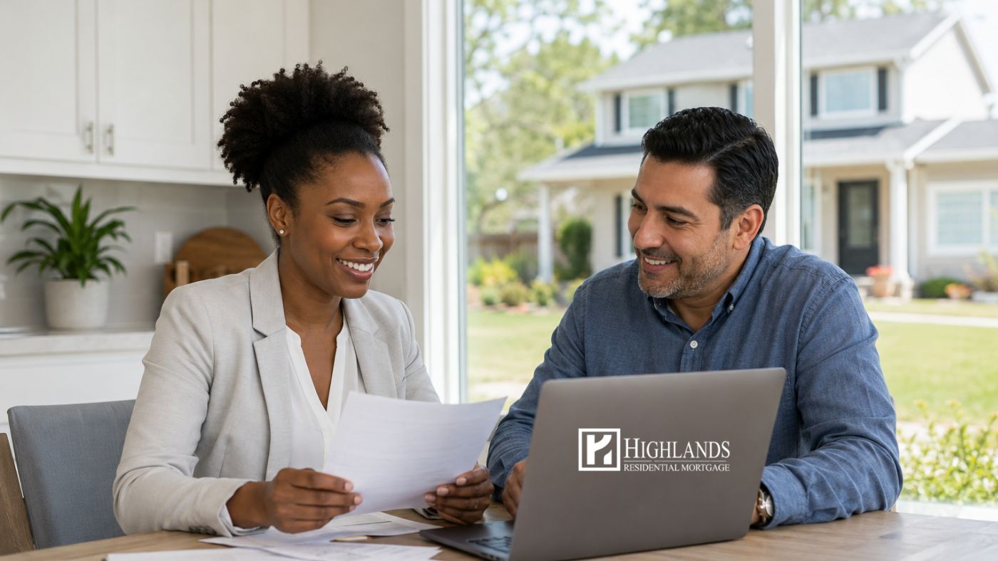 Self-employed mortgage loan borrower reviewing paperwork with a mortgage advisor in front of a home