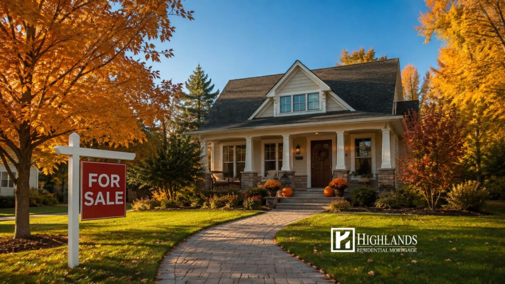 Suburban home with a for sale sign during the fall 2026 housing market outlook, autumn trees in the front yard