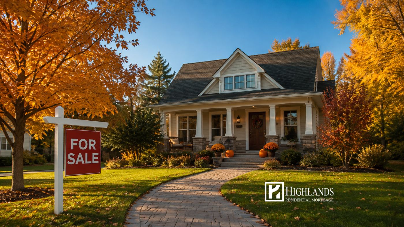Suburban home with a for sale sign during the fall 2026 housing market outlook, autumn trees in the front yard