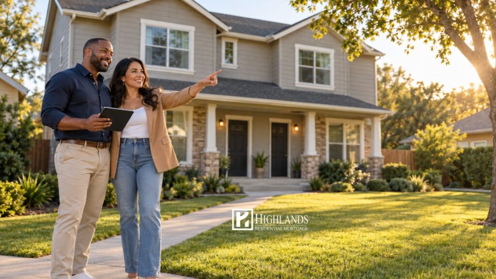 DSCR loan investors, a smiling couple holding a tablet and pointing at a two-story duplex rental property with a green lawn at sunset