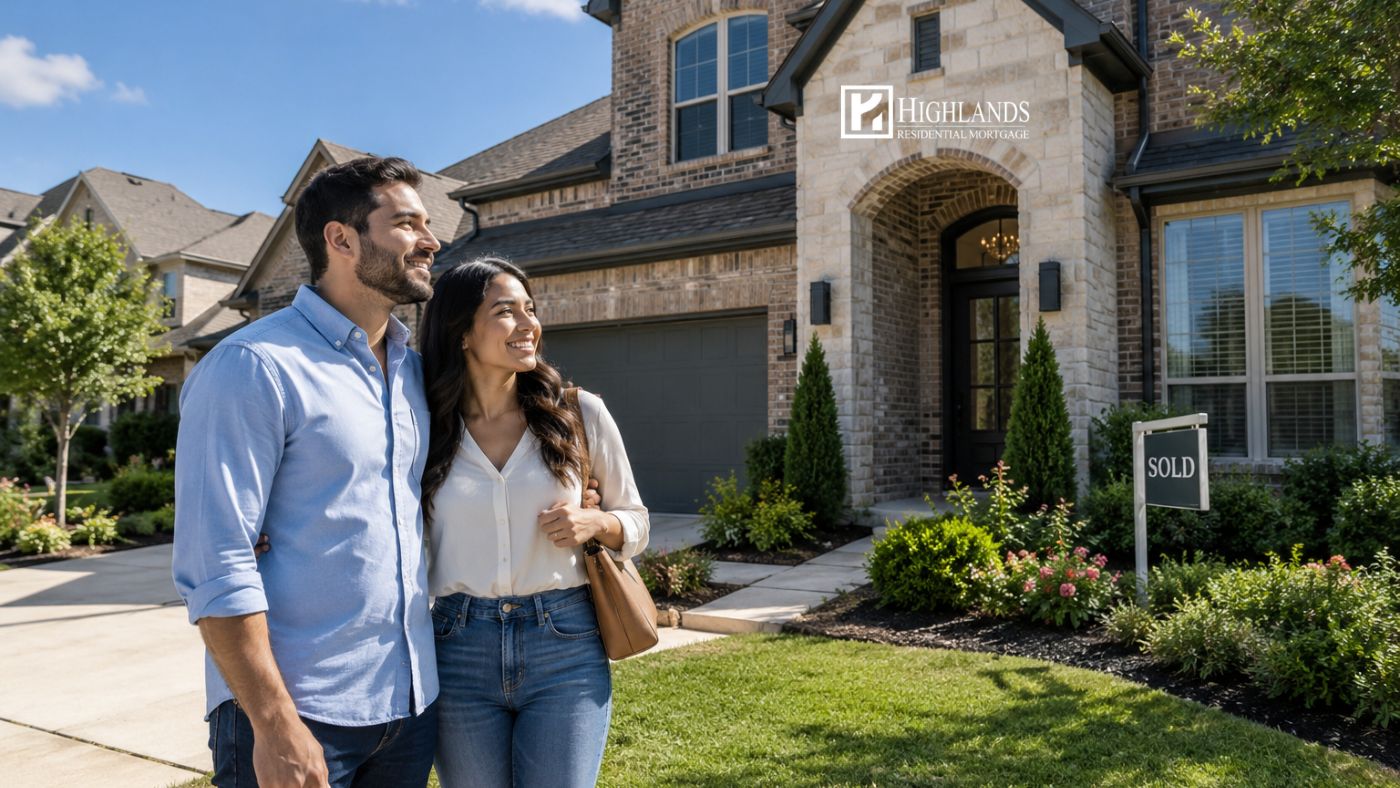 Condo mortgage loan buyers standing in front of their newly purchased Texas townhome with a sold sign