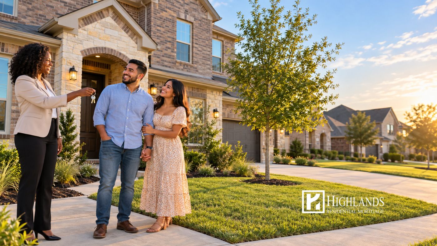 Dallas Fort Worth mortgage buyers receive house keys from a real estate agent outside their new brick and stone home at sunset